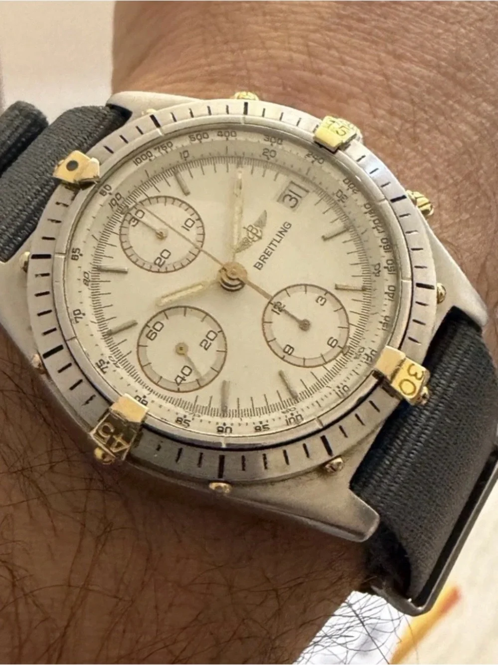 Vintage Breitling Chronomat B13047 18k Gold Steel White Dial Automatic Watch